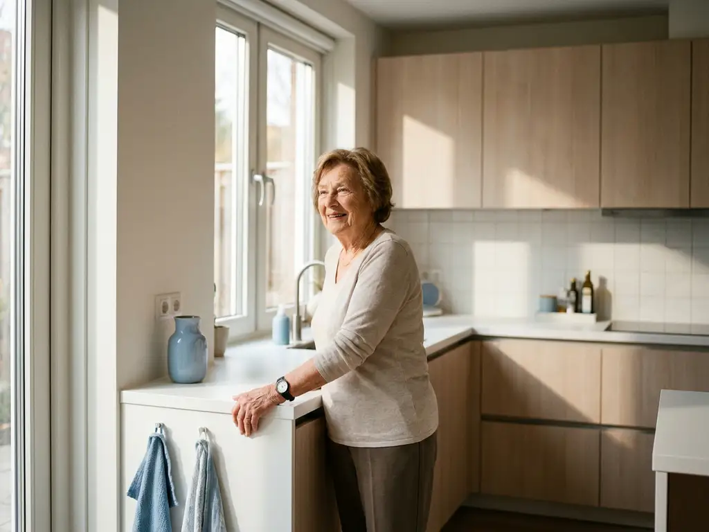 Oudere vrouw in moderne Nederlandse keuken met persoonlijk alarmsysteem om de pols, hand rustend op wit aanrecht.
