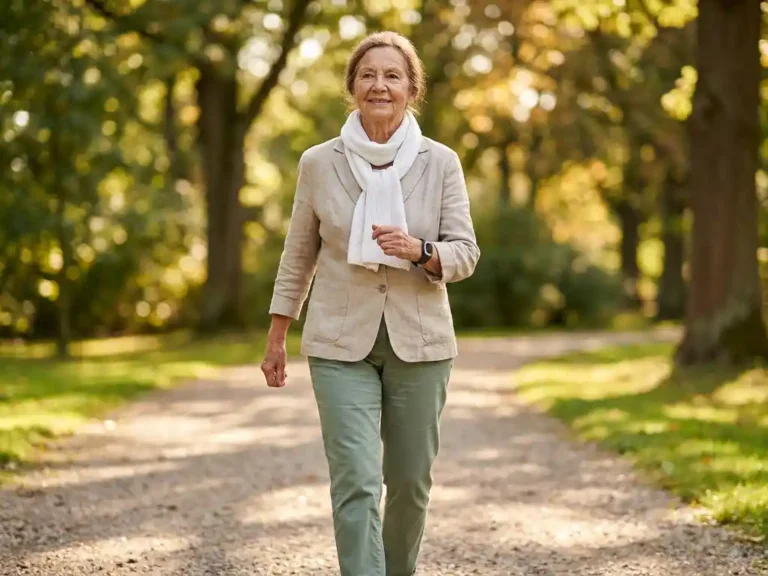 Oudere vrouw met een persoonlijk alarmeringshorloge wandelt zelfstandig op een zonnig parkpad tussen groene bomen.