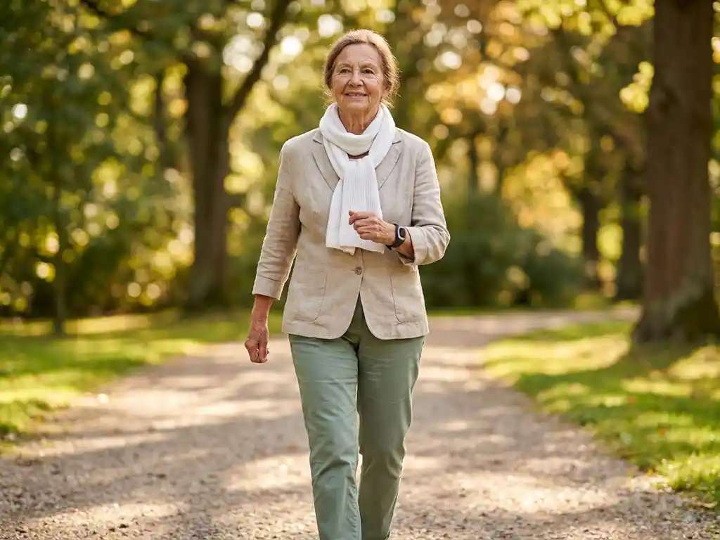 Oudere vrouw met een persoonlijk alarmeringshorloge wandelt zelfstandig op een zonnig parkpad tussen groene bomen.