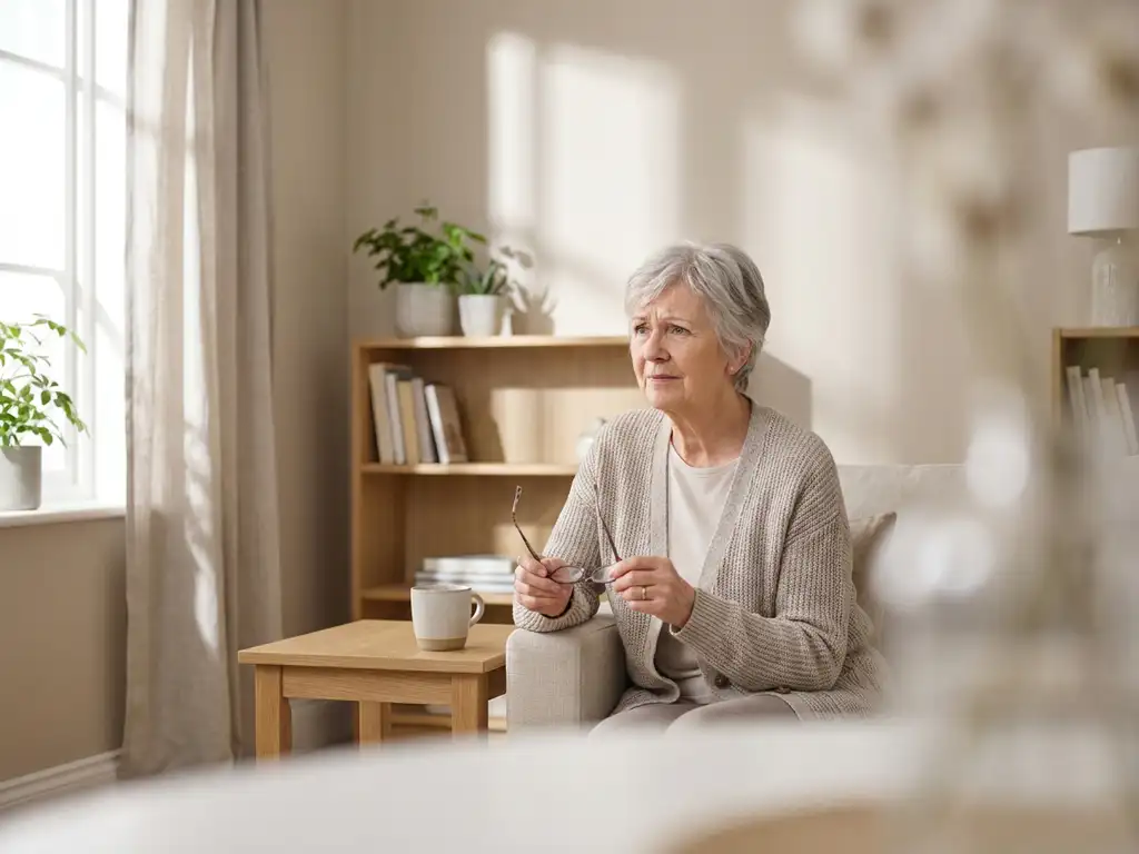 Oudere vrouw alleen in lichte Nederlandse woonkamer, pauzerend met onzekere blik, halfvol theekopje op bijzettafel naast haar.