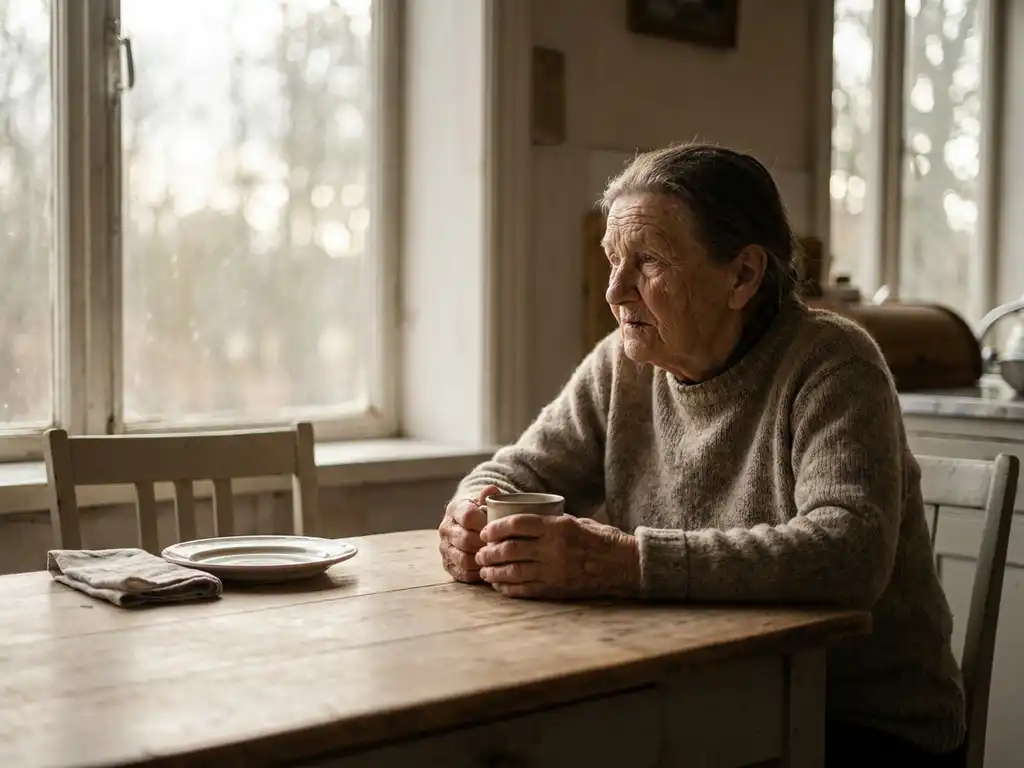 Oudere vrouw alleen aan houten eettafel, handen om warme theekop, starend naar buiten in zacht natuurlijk licht.