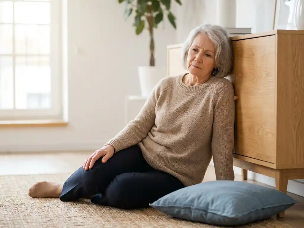 Oudere vrouw zit op de vloer tegen een houten kast in een lichte Scandinavische woonkamer, zichtbaar ongemakkelijk maar rustig.