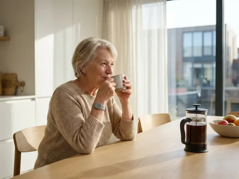 Oudere vrouw drinkt ochtendkoffie aan keukentafel met persoonlijk alarmsysteem om haar pols, zonnig modern interieur.