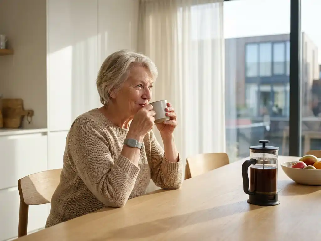 Oudere vrouw drinkt ochtendkoffie aan keukentafel met persoonlijk alarmsysteem om haar pols, zonnig modern interieur.