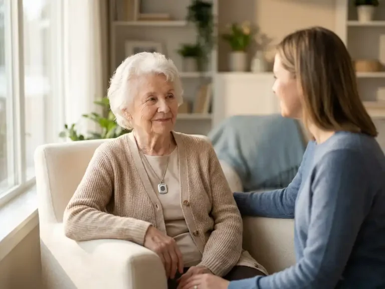 Oudere vrouw met wit haar en medisch alarmpendant zit ontspannen in fauteuil, met familielid op de achtergrond in warm verlicht interieur.