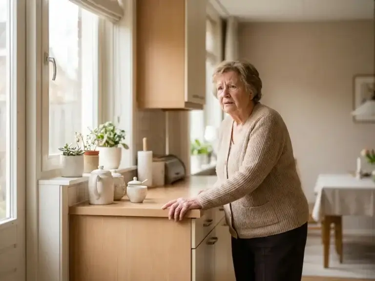 Oudere vrouw die zich vasthoudt aan een keukenblad in een lichte Nederlandse woning, zichtbaar onzeker over haar evenwicht.
