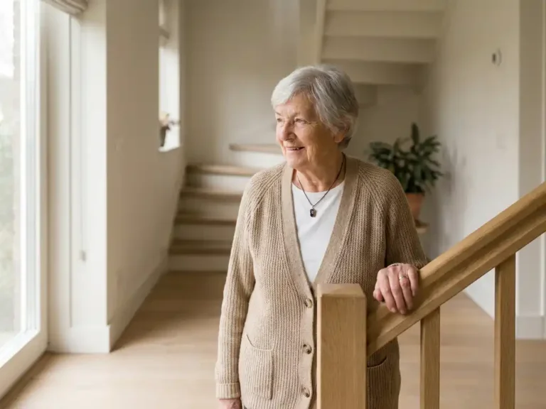 Oudere vrouw houdt zich vast aan trapleuning in lichte Nederlandse woning, draagt een persoonlijk alarmpendant om haar nek.