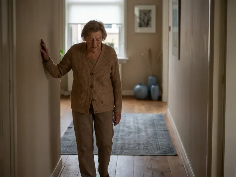 Oudere vrouw die voorzichtig een schemerige hal loopt, hand tegen de muur voor balans, losliggend vloerkleed op houten vloer.