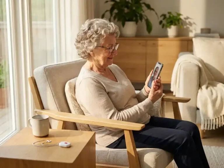 Oudere vrouw in fauteuil die glimlachend een videogesprek voert op smartphone, met alarmpendant op bijzettafel in Scandinavisch interieur.
