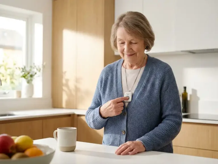 Oudere vrouw drukt rustig op haar medisch alarmpendant in een lichte Nederlandse keuken met houten accenten.
