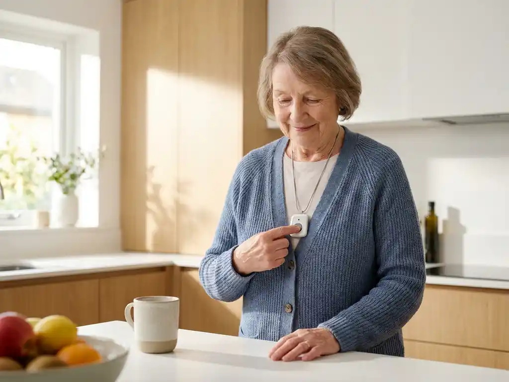 Oudere vrouw drukt rustig op haar medisch alarmpendant in een lichte Nederlandse keuken met houten accenten.