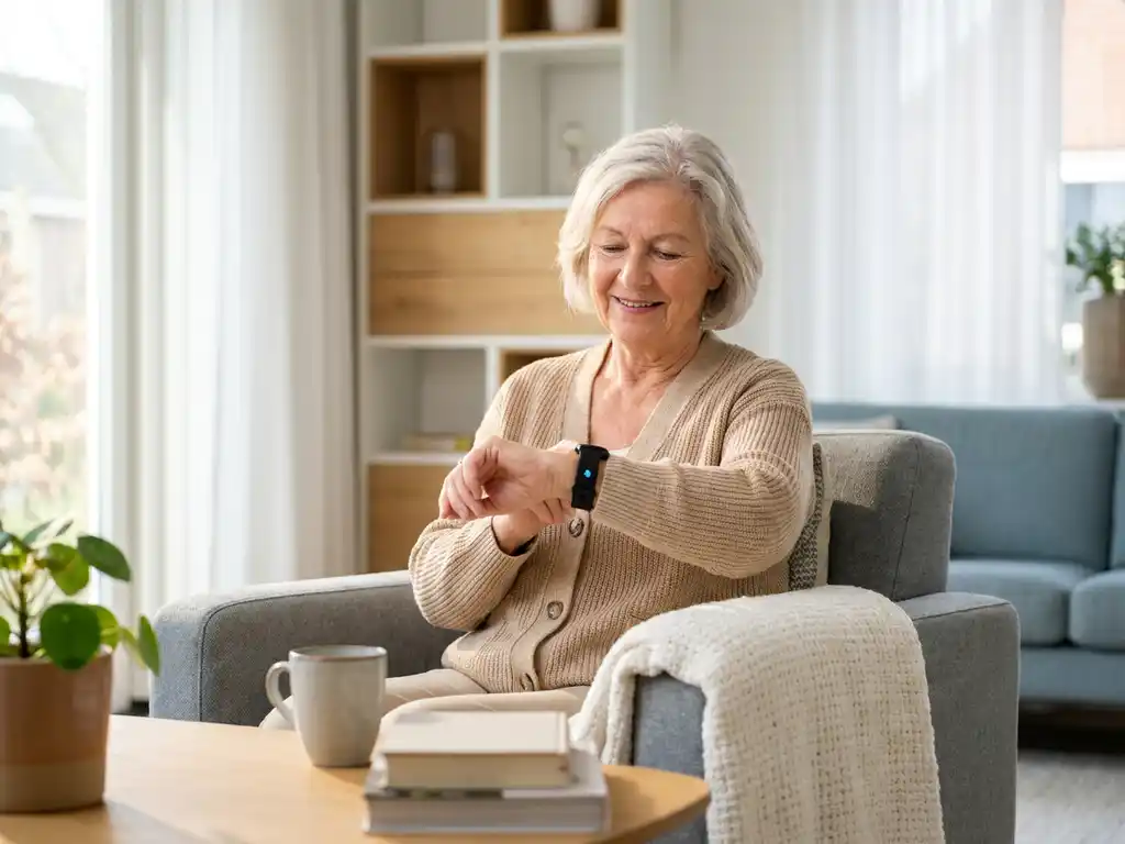 Oudere vrouw in moderne Nederlandse woonkamer met medisch alarm horloge om haar pols, warm natuurlijk licht.