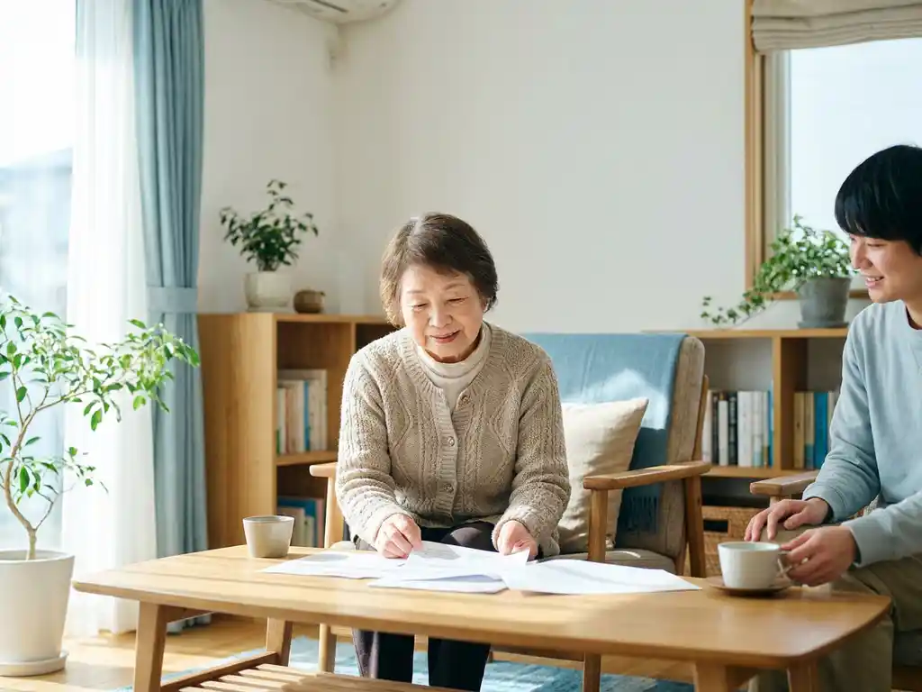 Oudere vrouw bekijkt zorggerelateerde documenten thuis, met een naaste bij haar in een lichte Nederlandse woonkamer.