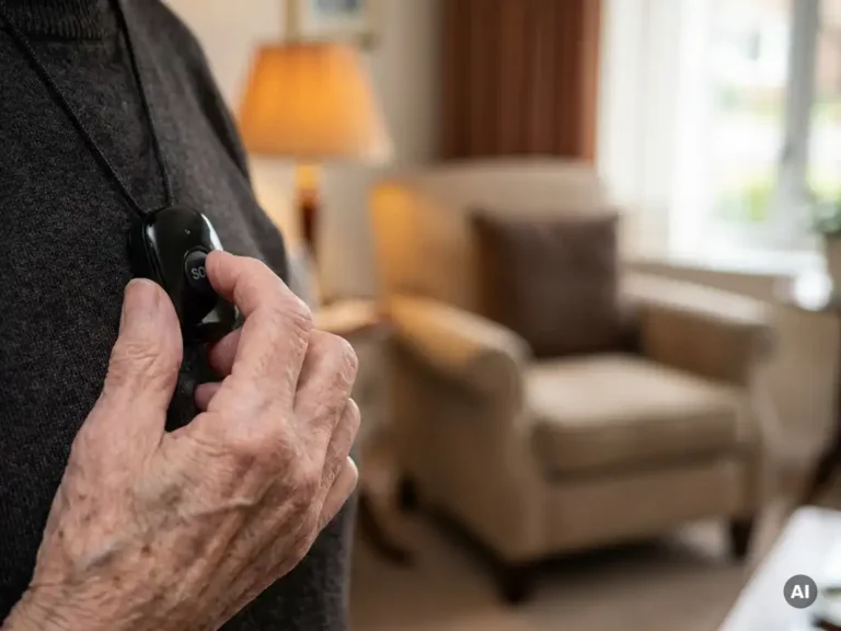 Bejaarde hand die op een zwarte SOS-alarmknop drukt, met zichtbare rimpels en aders, warme woonkamer op de achtergrond.
