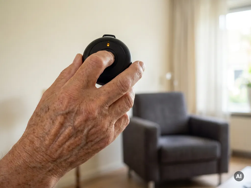 Bejaarde hand met rimpels en ouderdomsvlekken die op een zwarte SOS-alarmknop drukt in een lichte Nederlandse woning.