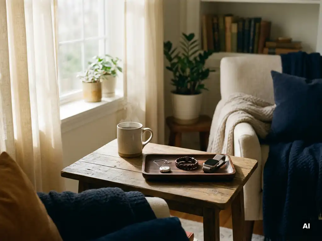 Drie draagbare alarmapparaten — een hanger, polsband en horloge — op een houten bijzettafel in een gezellige Nederlandse woonkamer.
