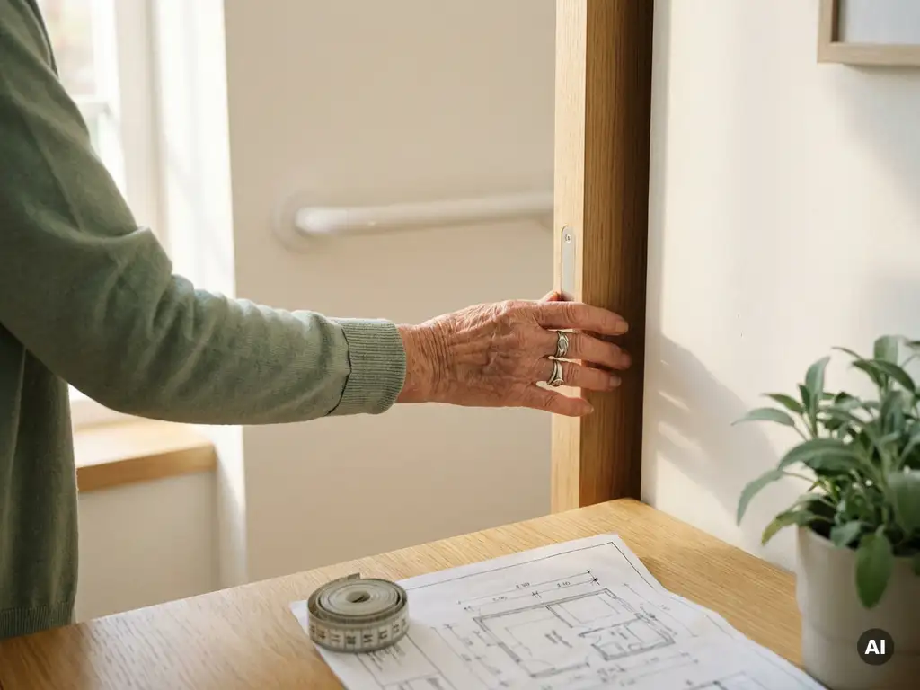 Oudere hand bij moderne drempelvrije deuropening, beugel op witte muur, meetlint en plattegrond op eiken ondergrond.