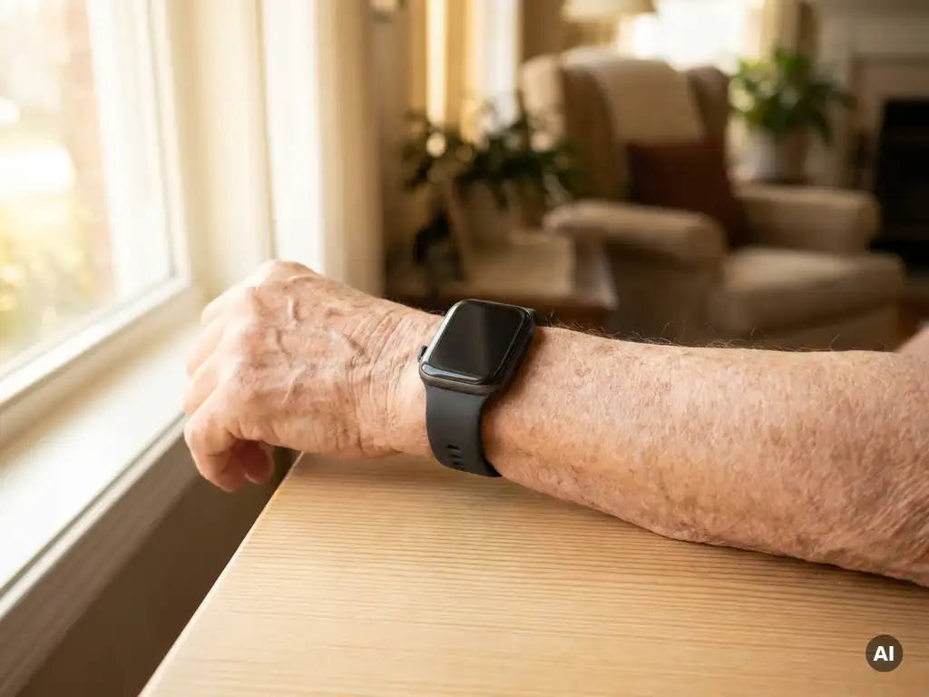 GPS-smartwatch om de pols van een oudere persoon, rustend op een houten tafel bij een zonnig raam.
