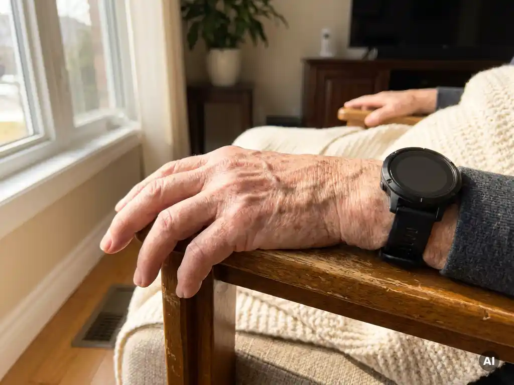 Bejaarde hand met zichtbare aderen en ouderdomsvlekken met een zwart GPS-alarm smartwatch op een houten armleuning in een Nederlandse woonkamer.