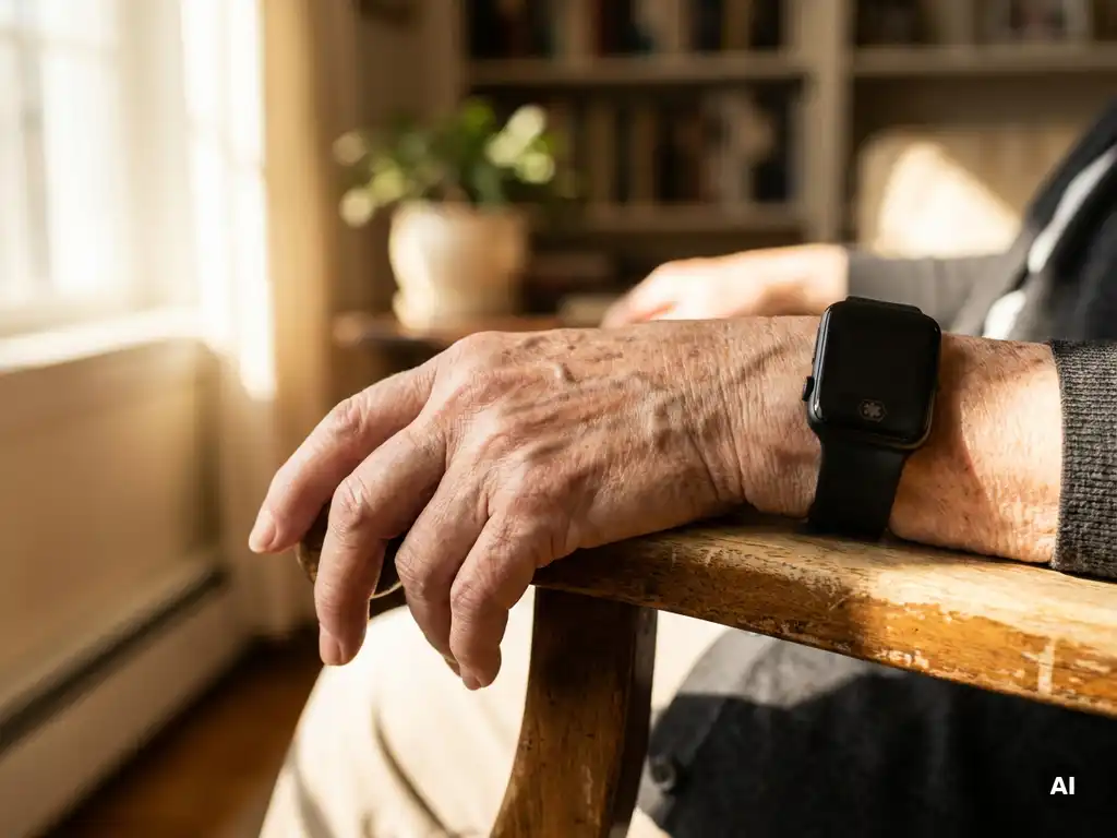 Bejaarde hand met zichtbare aderen en ouderdomsvlekken draagt een zwart medisch alarm smartwatch op een houten fauteuil in warm zonlicht.