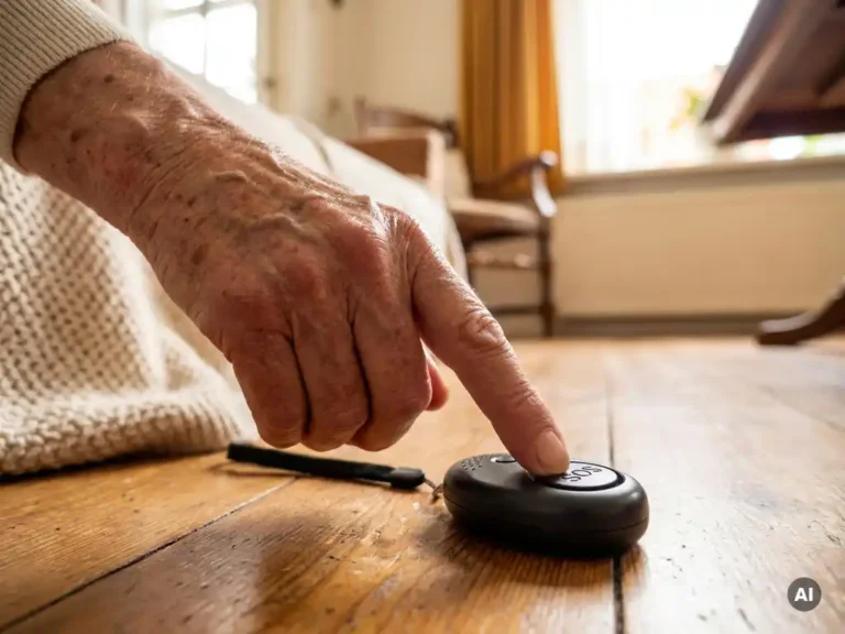 Bejaarde hand met rimpels en ouderdomsvlekken die op een zwarte SOS-alarmknop van een persoonlijk noodpendant drukt, warm houten vloer op de achtergrond.