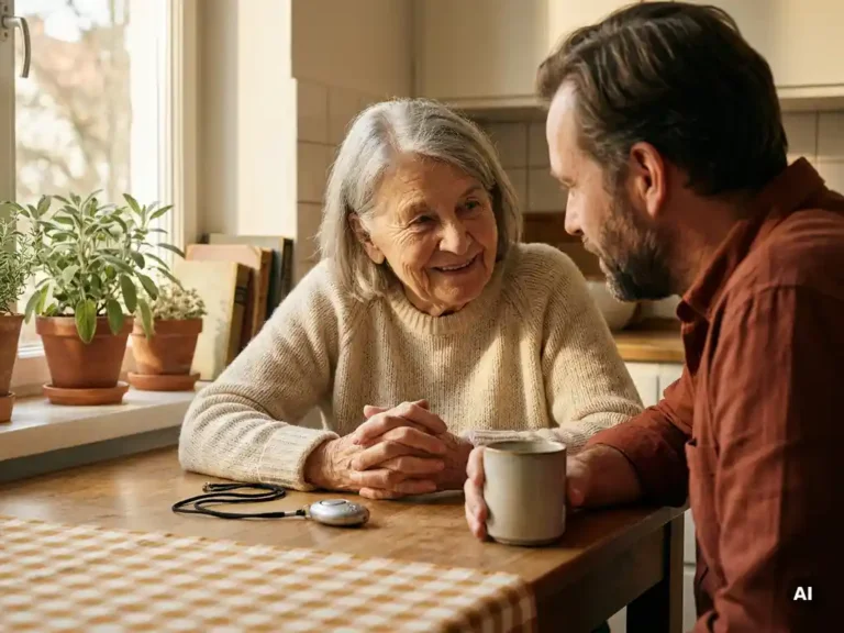 Oudere ouder en volwassen kind in gesprek aan keukentafel met persoonlijk alarmpendant, warm middaglicht.