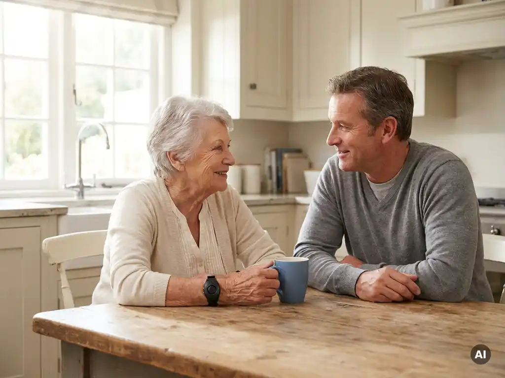 Oudere ouder en volwassen kind in gesprek aan keukentafel, persoonlijk alarmeringshorloge zichtbaar, warm natuurlijk daglicht.