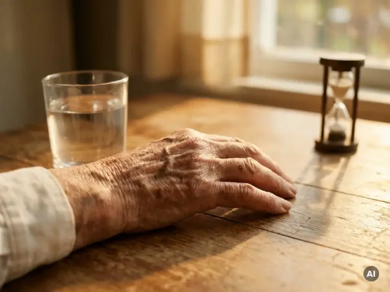 Verweerde hand van een oudere persoon op een zonnig houten tafel, met een glas water en een zandloper op de achtergrond.