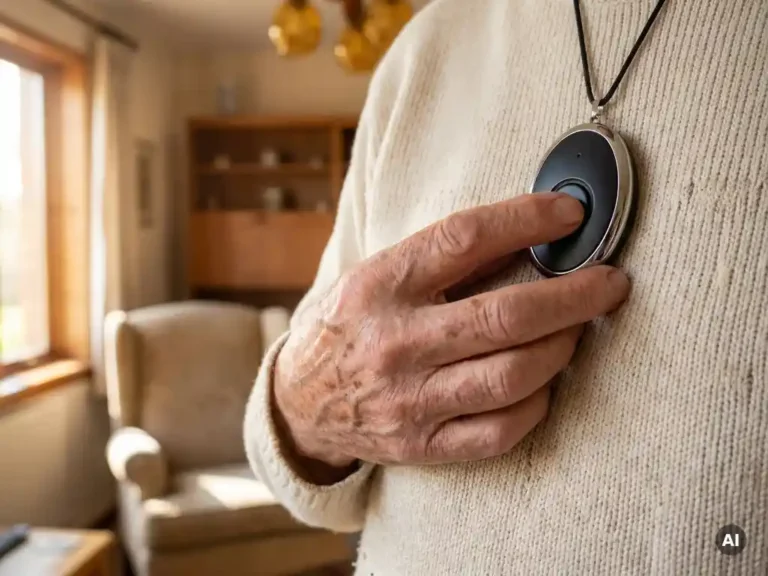 Oudere hand met rimpels en ouderdomsvlekken die op een zwart persoonlijk alarmpendant drukt, warm daglicht in woonkamer.
