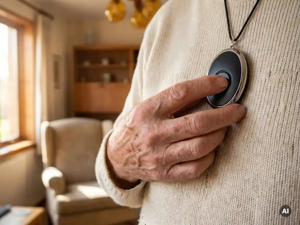 Oudere hand met rimpels en ouderdomsvlekken die op een zwart persoonlijk alarmpendant drukt, warm daglicht in woonkamer.