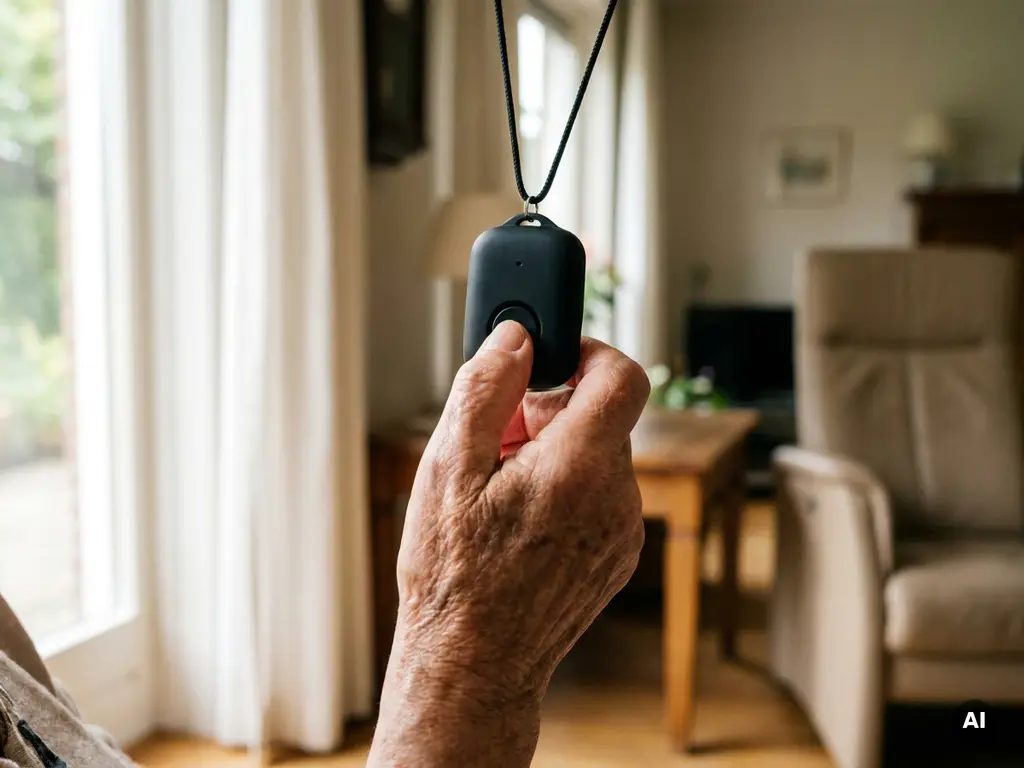 Oudere hand met leeftijdsvlekken die op een zwart persoonlijk alarmpendant drukt, warm daglicht in Nederlandse woning op de achtergrond.