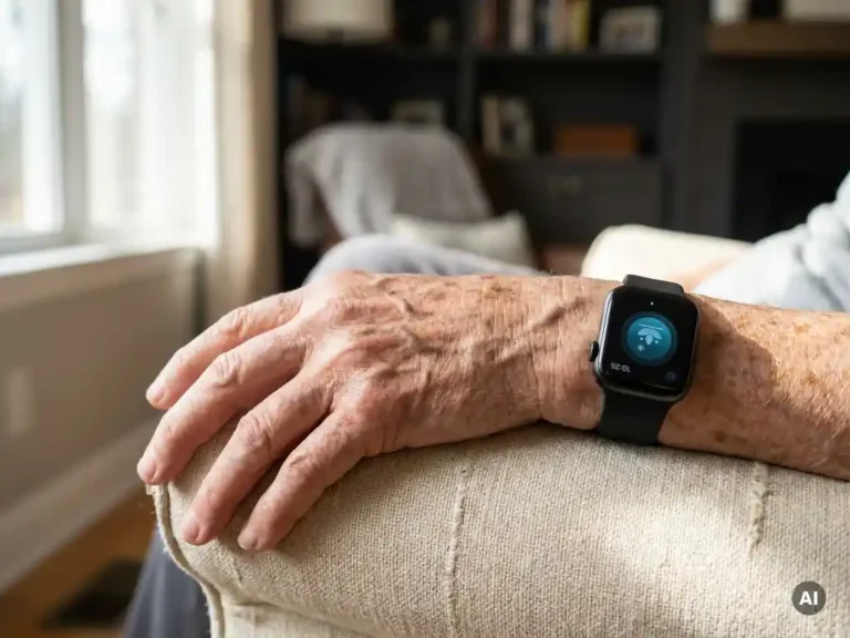Bejaarde hand met zichtbare aders en ouderdomsvlekken draagt een zwart smartwatch-alarmeringsapparaat in een zonnige woonkamer.