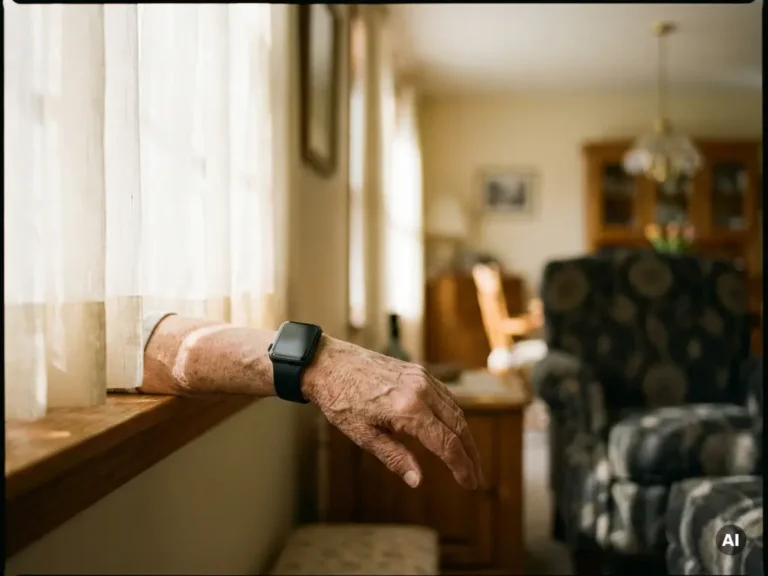 Bejaarde hand met zwart smartwatch op zonnig vensterbank, zachte daglichtinval door vitrage in warme woonkameromgeving.