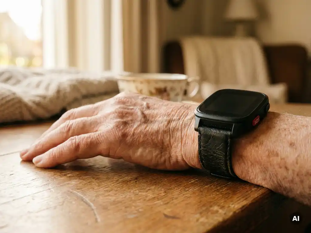 Bejaarde hand met zichtbare rimpels en ouderdomsvlekken draagt een zwarte smartwatch met SOS-knop in warme Nederlandse thuisomgeving.
