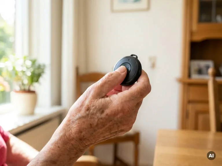 Oudere hand met leeftijdsvlekken houdt een zwart SOS-alarmpendant vast in een lichte Nederlandse woonkamer.