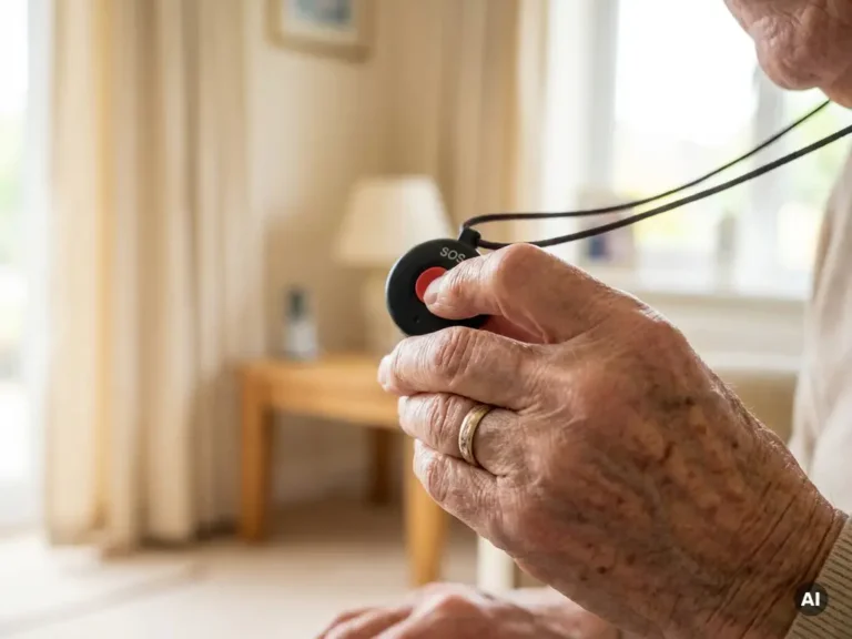 Oudere hand die op een zwarte SOS-noodknop drukt, met zichtbare aderen en ouderdomsvlekken, in een warme Nederlandse thuisomgeving.