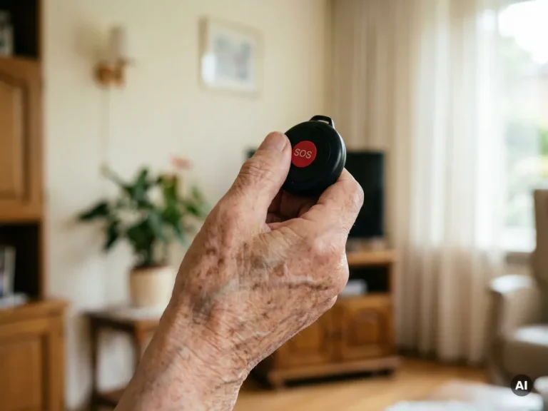 Bejaarde hand met leeftijdsvlekken houdt een zwart SOS-alarmpendant vast in een lichte Nederlandse woonkamer.