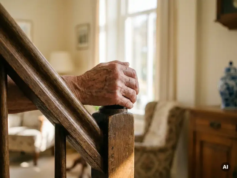 Oudere hand met zichtbare aderen op een versleten houten trapleuning in een warme Nederlandse woning.