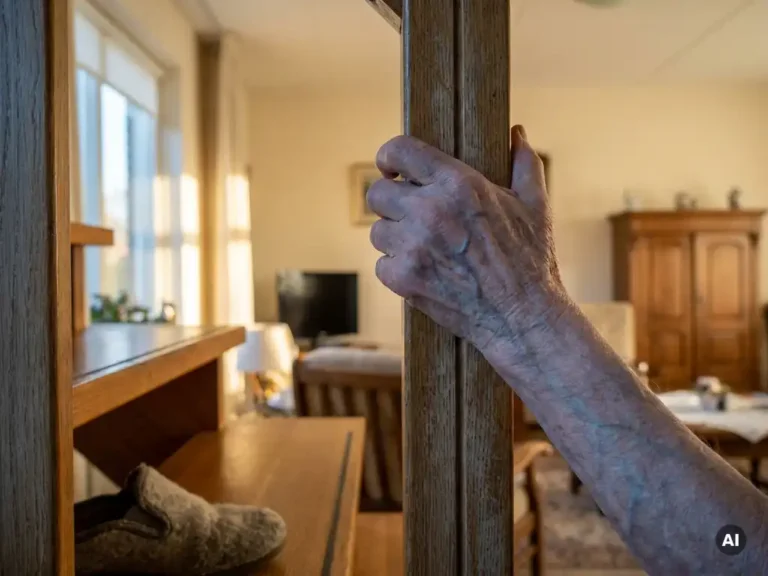 Oudere hand met zichtbare aderen op trapleuning in Nederlands huis, versleten pantoffel op houten trede in warm middaglicht.