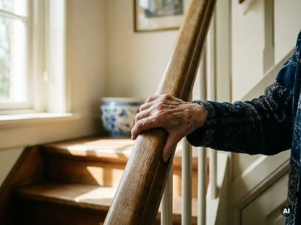Bejaarde hand met zichtbare aderen op trapleuning in warm Nederlands interieur, zacht middaglicht op houten treden.