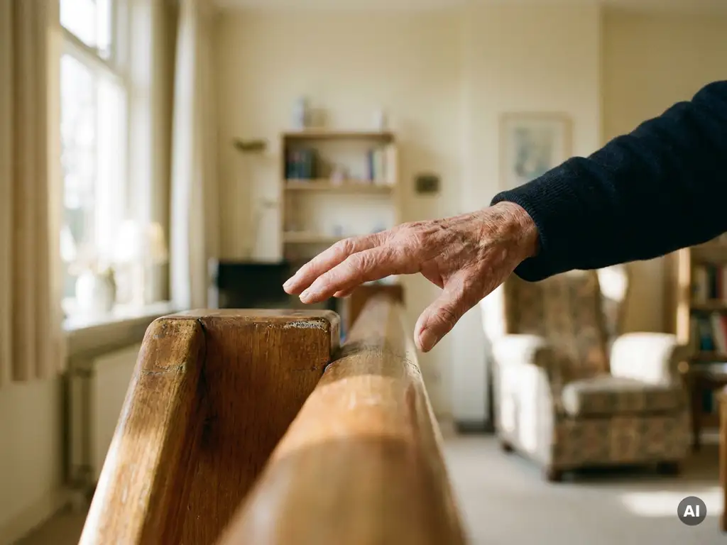 Bejaarde hand grijpt houten trapleuning in Nederlandse woning, zachte daglichtinval, veiligheid en stabiliteit bij traplopen.