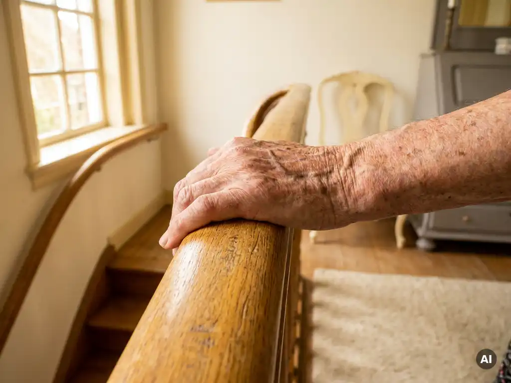 Bejaarde hand met zichtbare aderen en ouderdomsvlekken op houten trapleuning in Nederlands interieur met warm daglicht.