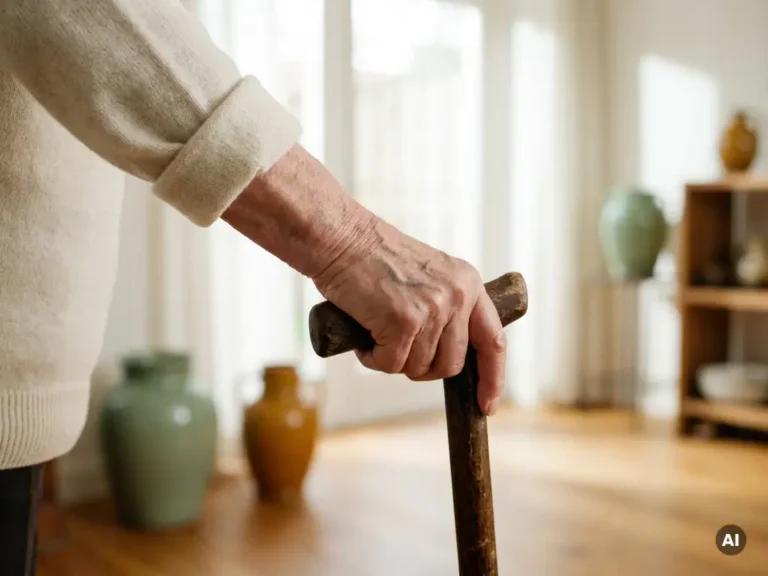 Bejaarde hand met zichtbare aderen en rimpels die een houten wandelstok vasthoudt in een licht Nederlands interieur met warme houten vloer.