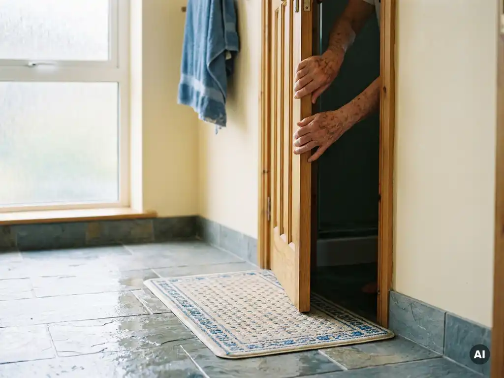 Oudere handen met aderen en ouderdomsvlekken die zich vasthouden aan een badkamerdeurpost, antislipmat zichtbaar op natte tegelvloer.