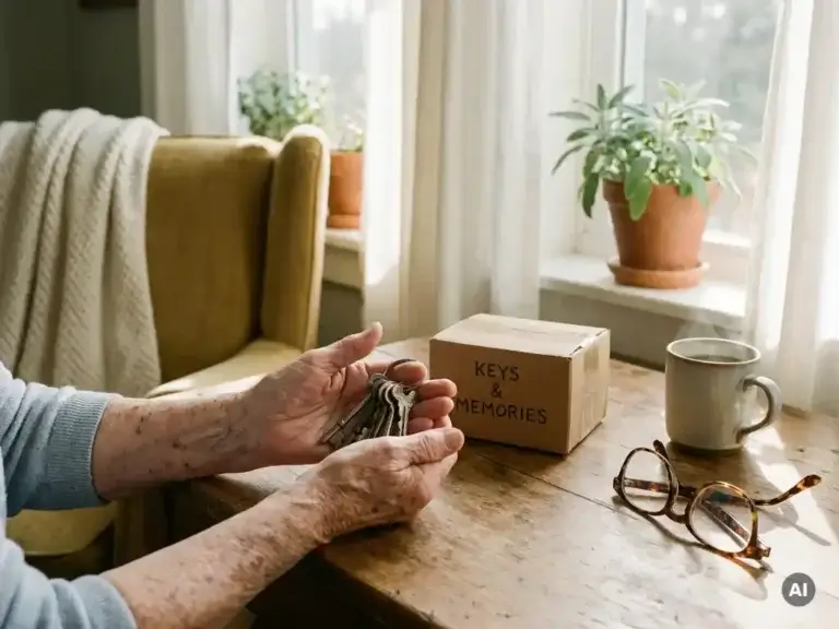 Bejaarde handen met zichtbare aderen houden huissleutels vast naast een verhuisdoos op een zonnige houten tafel.