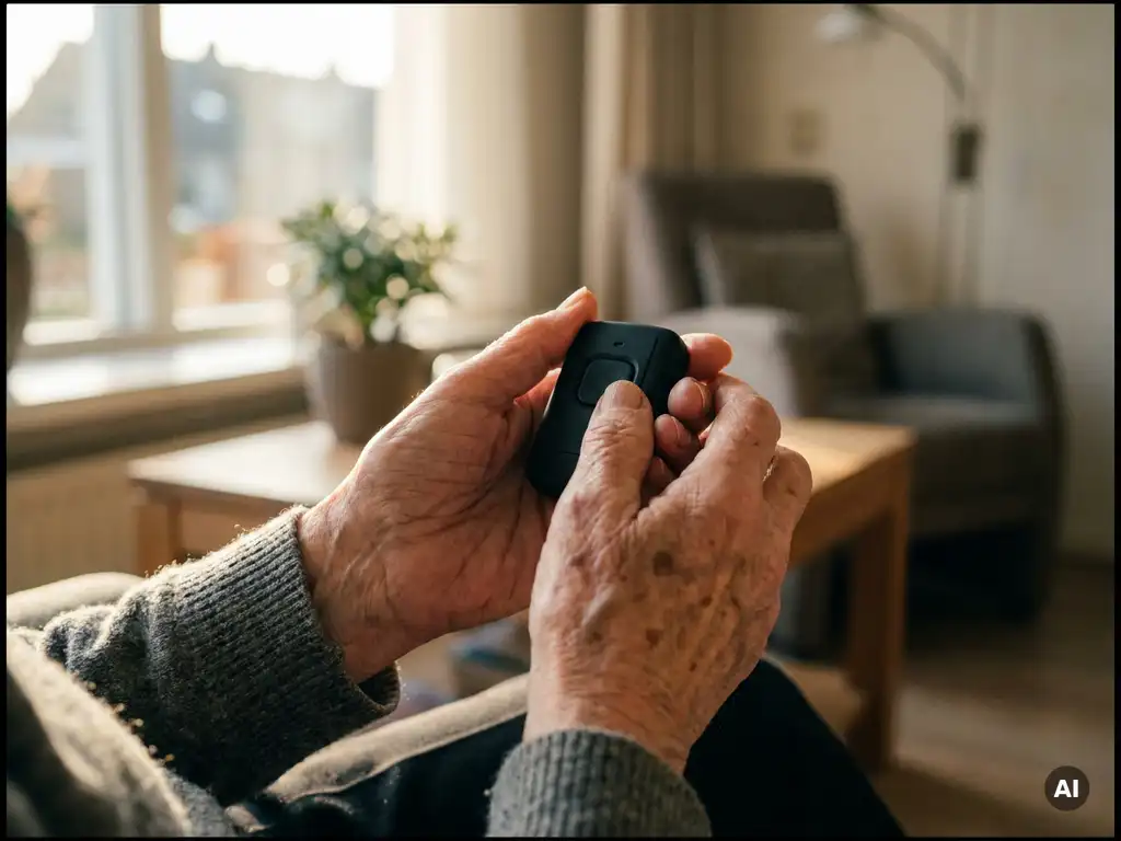 Oudere handen met rimpels en leeftijdsvlekken houden een klein zwart persoonlijk alarm vast bij een licht raam.
