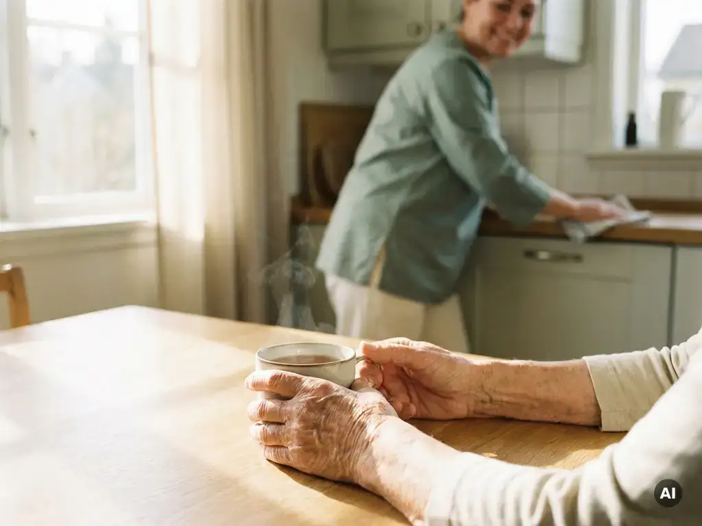 Oudere handen omvatten een warme kop thee aan keukentafel, met een thuiszorgmedewerker zichtbaar op de achtergrond.