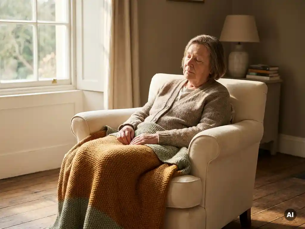 Oudere persoon rustend in een fauteuil bij een zonnig raam, met een gebreide deken over de schoot in warme amberkleurige tinten.