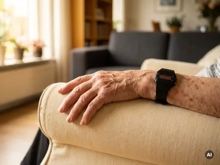 Bejaarde hand met zichtbare aderen en ouderdomsvlekken op een zonnige fauteuil, met een zwart alarmhorloge om de pols.