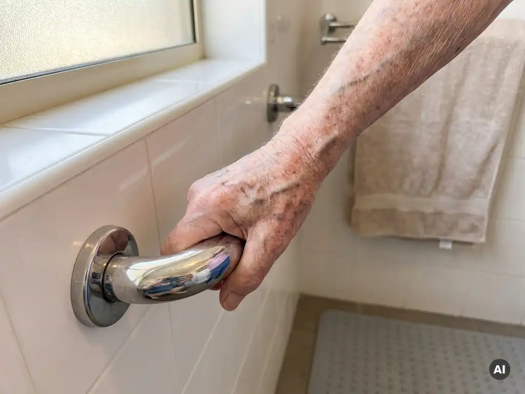 Oudere hand met leeftijdsvlekken vastgeklemd aan chromen beugel in badkamer, zachte daglichtinval, veiligheidsmat op achtergrond.